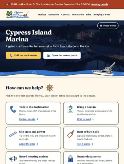 Cypress Island Marina website after the redesign
